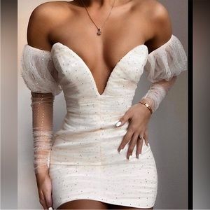 House of CB dress Milana Tulle Ivory crystal puff sleeve